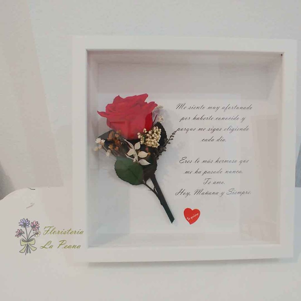 Marco con Rosa Roja Preservada y texto personalizado