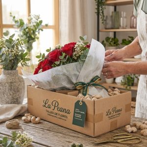 Ramo de rosas protegido para su envío por La Peana Taller de Flores.