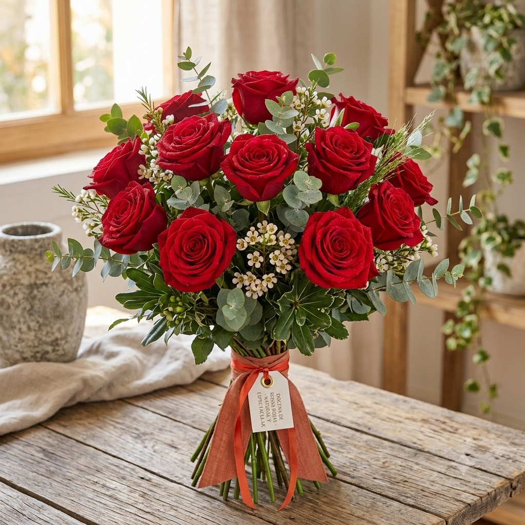 Ramo de 12 rosas rojas elaborado artesanalmente por La Peana Taller de Flores.