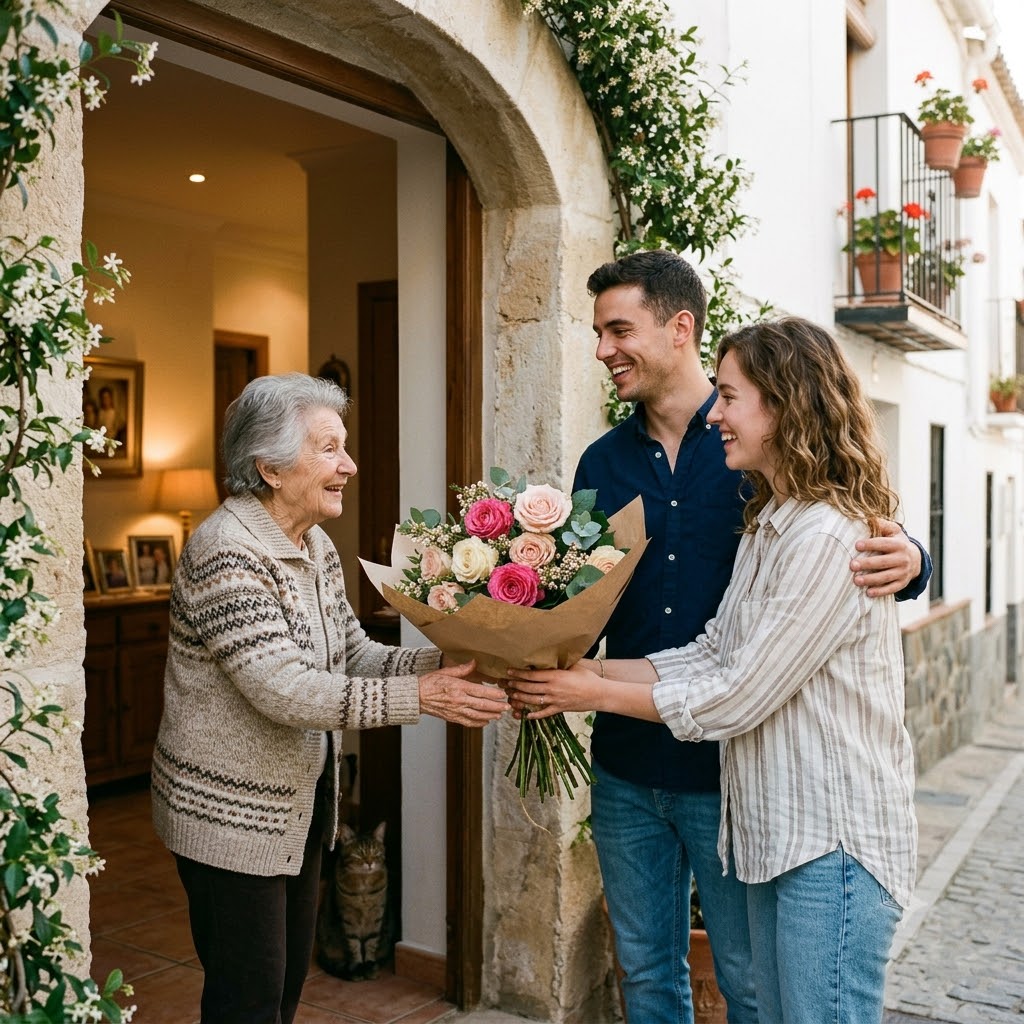 Pareja entregando un ramo de rosas a un familiar