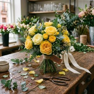 Ramo de rosas amarillas naturales elaborado artesanalmente en La Peana Taller de Flores.
