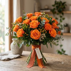 Ramo de rosas naranjas naturales elaborado artesanalmente por La Peana Taller de Flores.