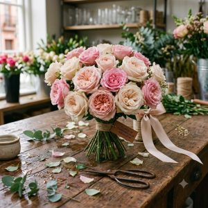 Ramo de rosas rosas naturales elaborado por La Peana Taller de Flores.