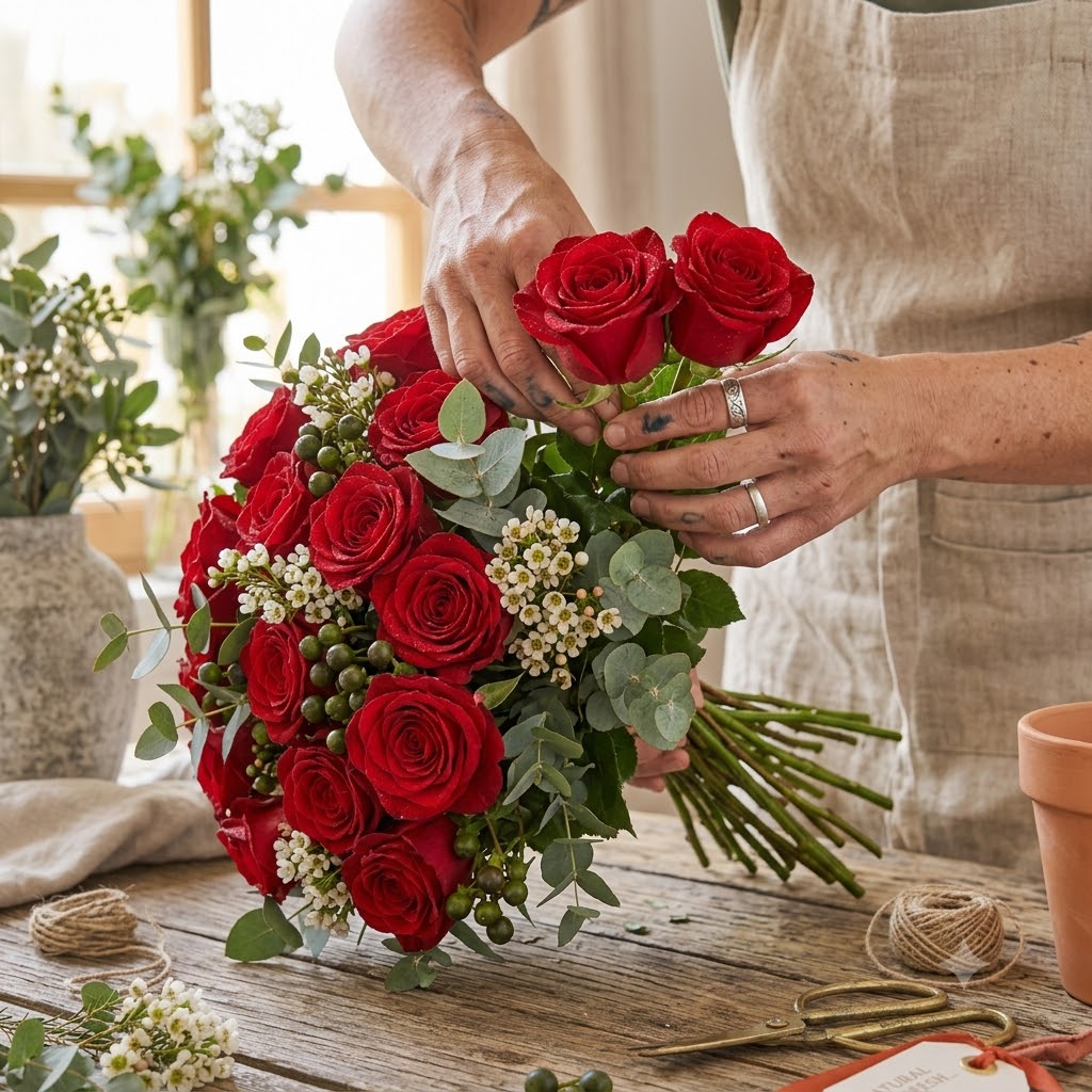 Florista confeccionando un ramo de rosas de forma artesanal en La Peana Taller de Flores.