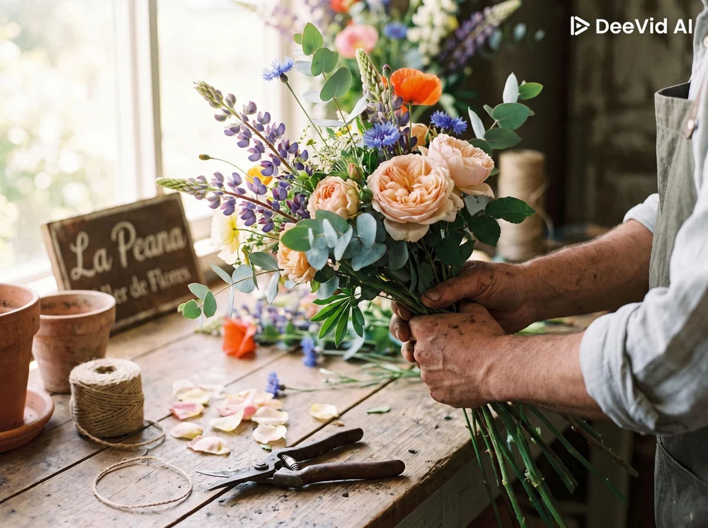Florista preparando un ramo de flores artesanal en La Peana Taller de Flores