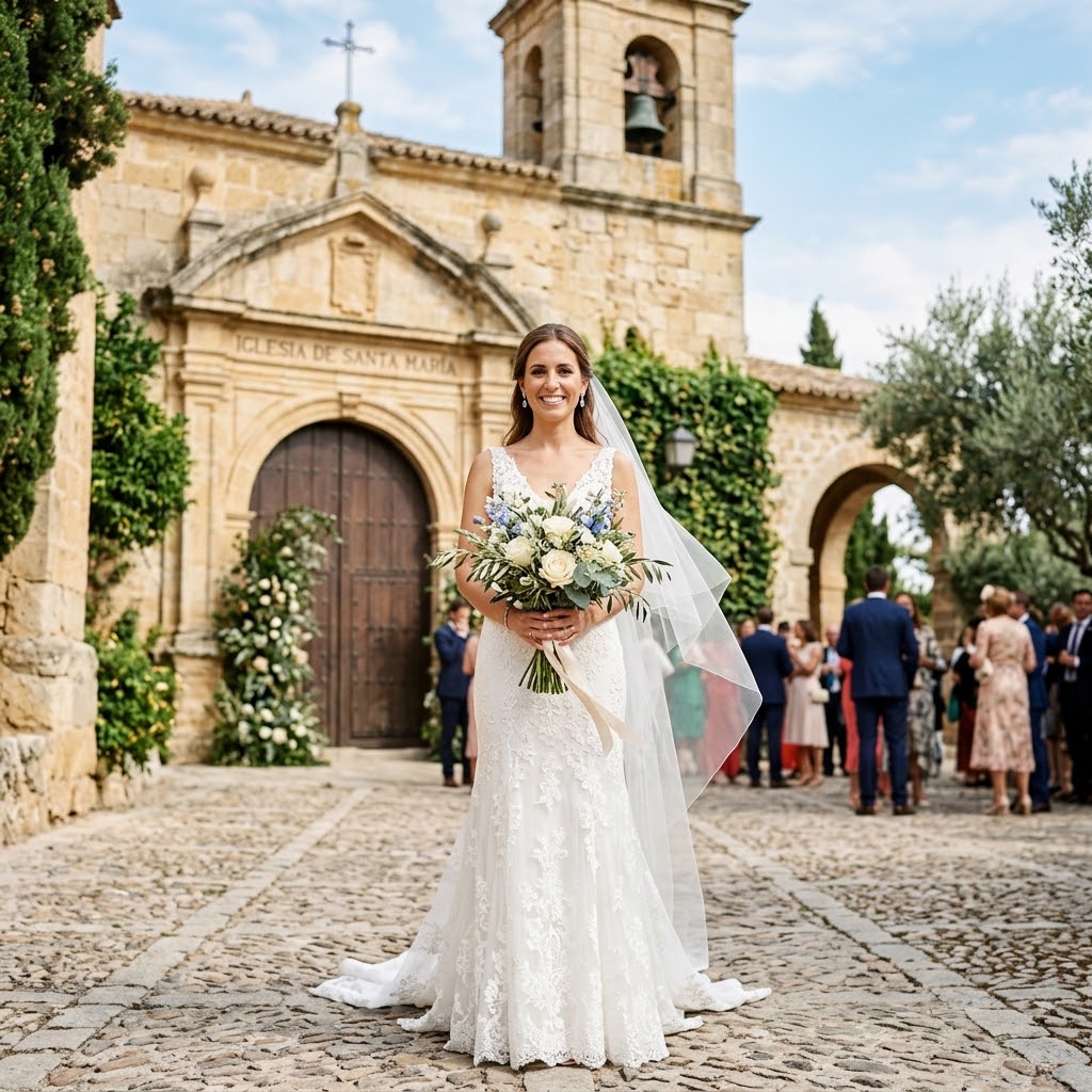 Una novia sosteniendo su ramo delante de una iglesia o finca.