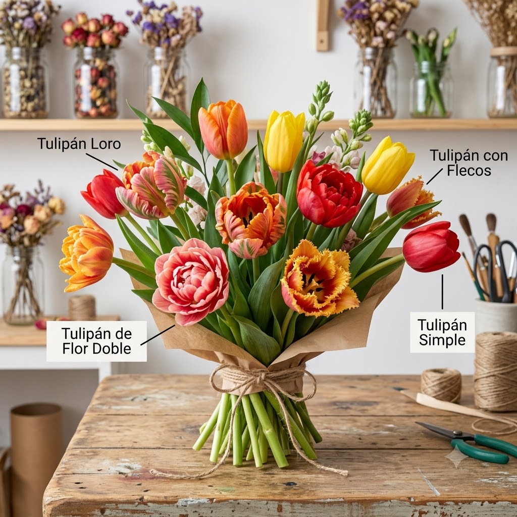 Diferentes tipos de tulipanes utilizados en ramos artesanales