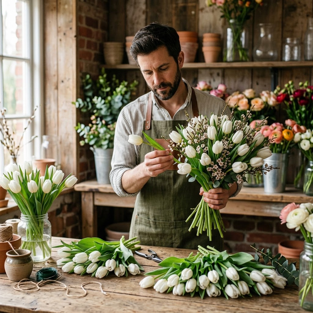 Florista confeccionando un ramo de tulipanes de forma artesanal.