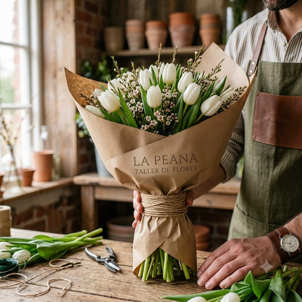 Presentación elegante de un ramo de tulipanes preparado para regalo.