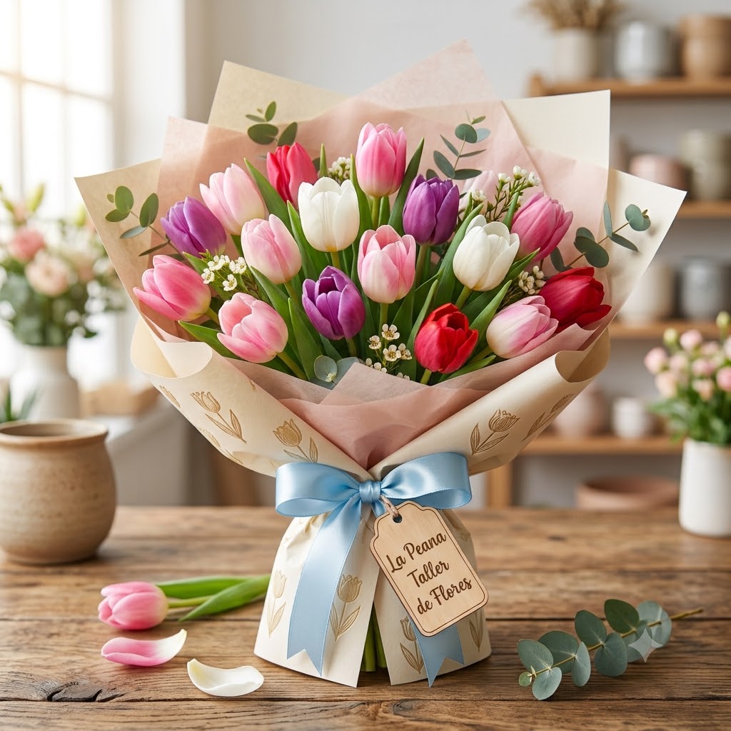 Presentación elegante de un ramo de tulipanes
