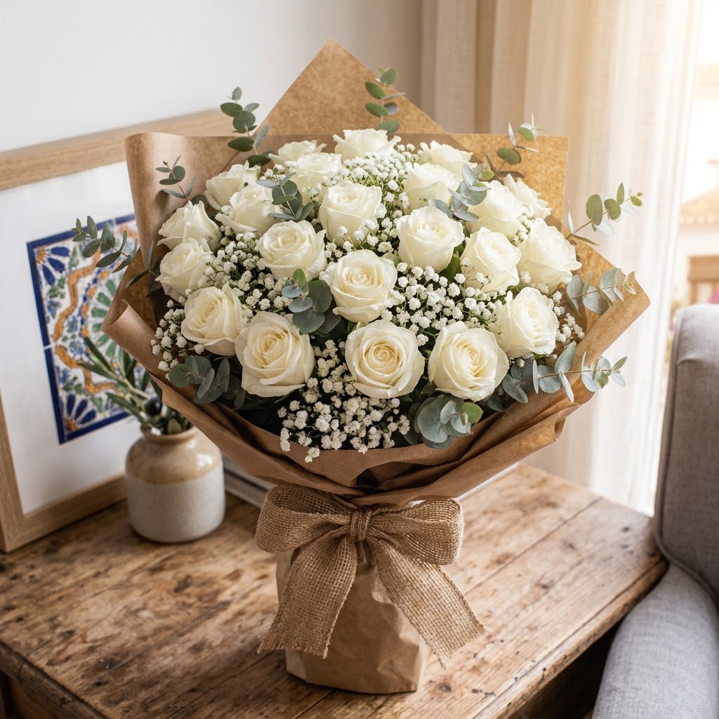 Ramo de rosas blancas naturales, elaborado artesanalmente con flores seleccionadas y una presentación elegante. Su tonalidad blanca transmite pureza, elegancia y delicadeza, convirtiéndolo en un detalle perfecto para cumpleaños, aniversarios, nacimientos, agradecimientos, celebraciones y momentos especiales.