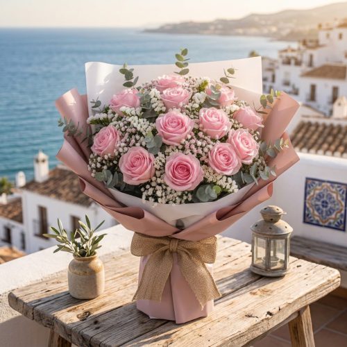Ramo de 24 rosas rosas elaborado artesanalmente por La Peana Taller de Flores.