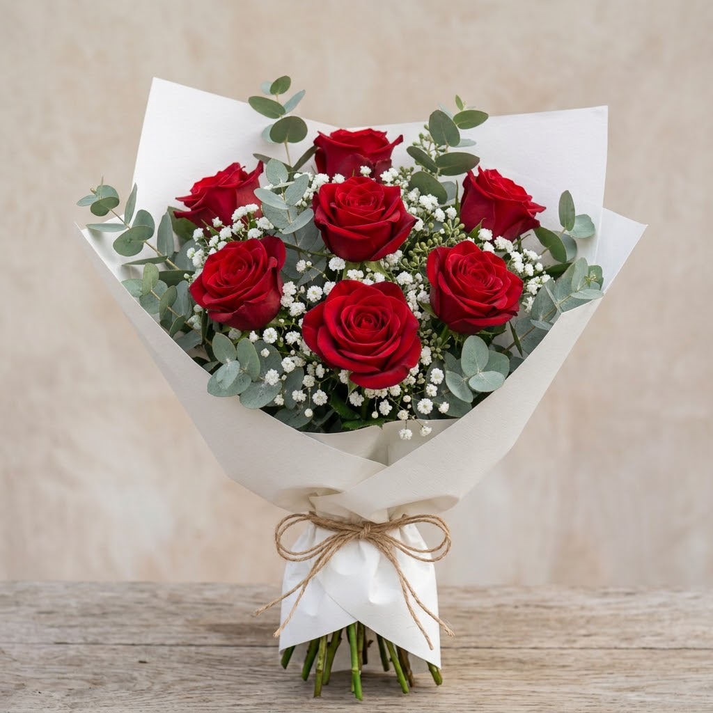 Ramo de 6 rosas rojas naturales elaborado artesanalmente