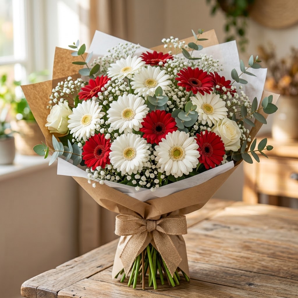 Ramo de gerberas rojas y blancas