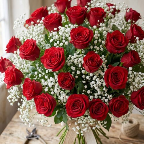 Detalle de rosas rojas y paniculata naturales
