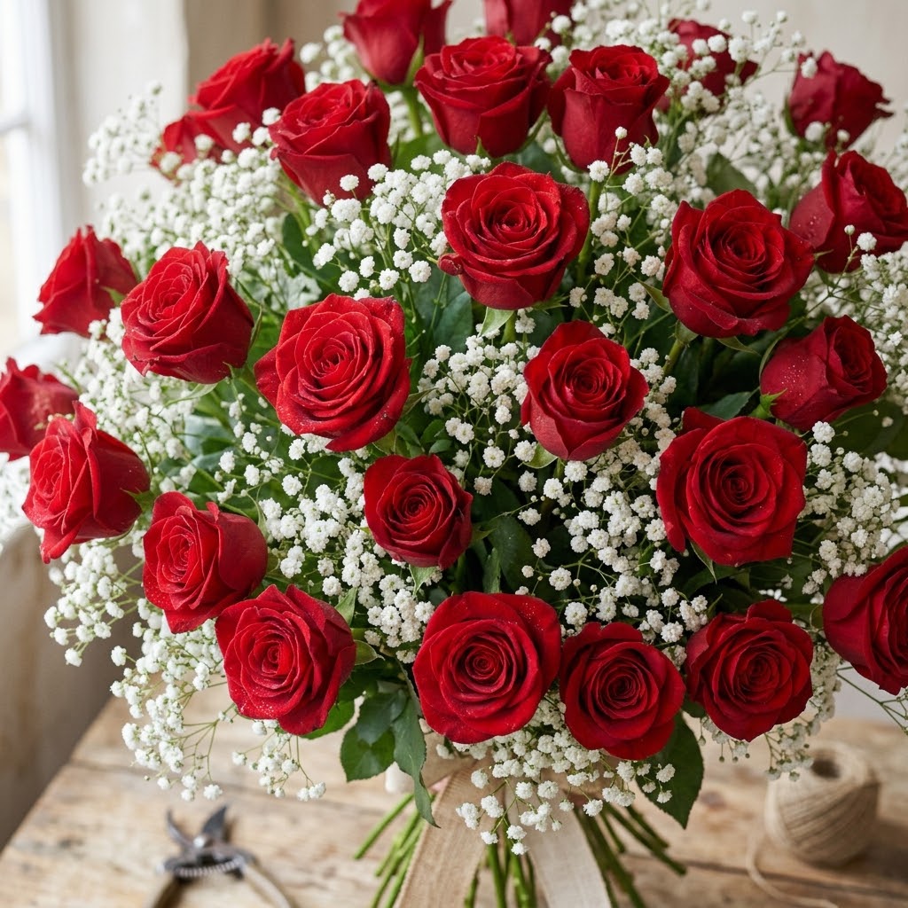 Detalle de rosas rojas y paniculata naturales