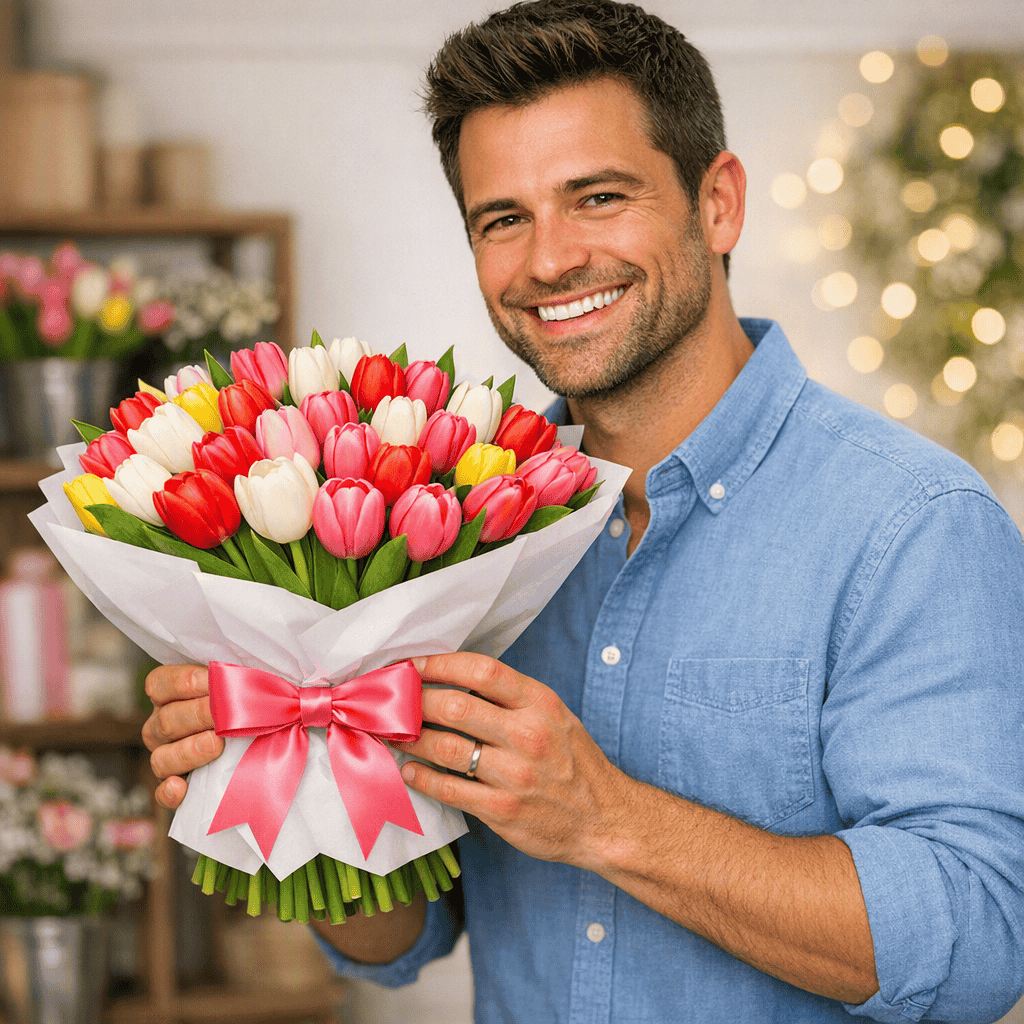 Entrega de un ramo de tulipanes preparado por La Peana Taller de Flores