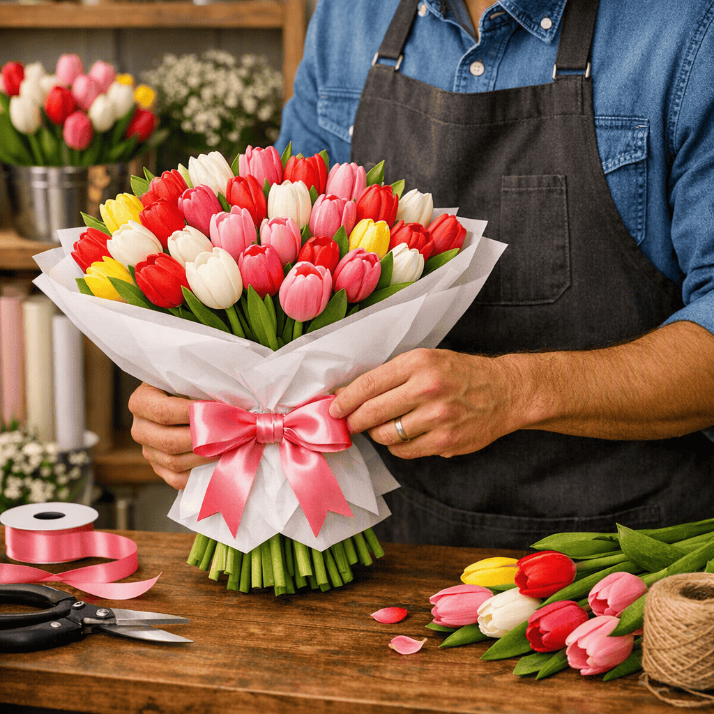 Florista elaborando un ramo de tulipanes artesanalmente.