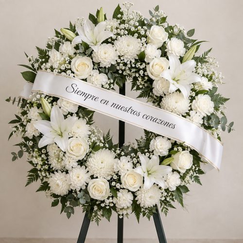 Corona Funeraria Blanca con Flores Naturales elaborada por La Peana Taller de Flores